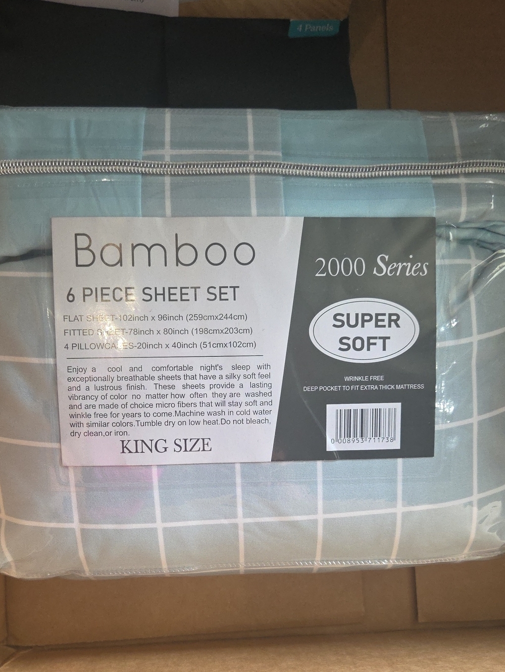 BAMBOO Light Blue and White Plaid 6-Piece Sheet Set